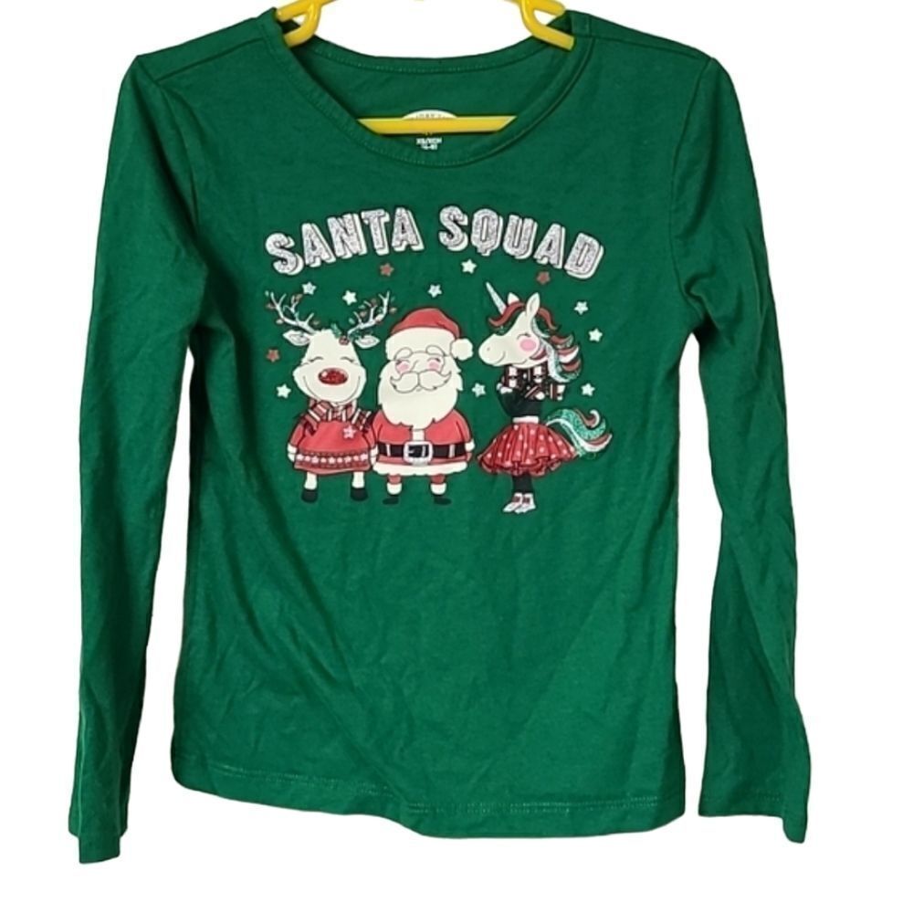 Santa Squad Girls 4/5 Santa Unicorn Reindeer Green Holiday T-Shirt Glitter Tee
